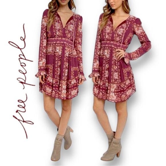 FREE PEOPLE Women’s Bridgette Mini Dress in Berry Combo in the Size Large - Picture 2 of 16